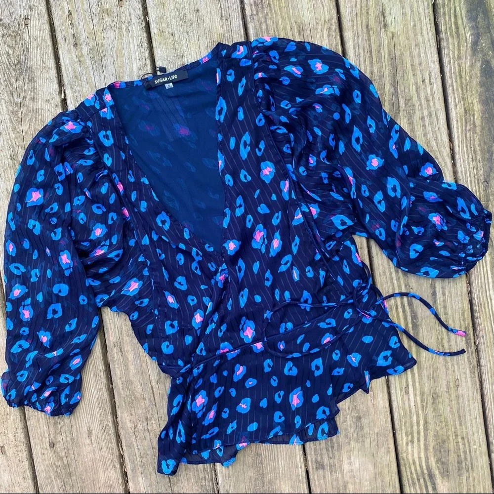 Blue Black & Pink Cheetah Print Wrap Top Puff Sleeves | Size M - Picture 1 of 6